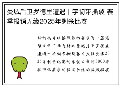 曼城后卫罗德里遭遇十字韧带撕裂 赛季报销无缘2025年剩余比赛